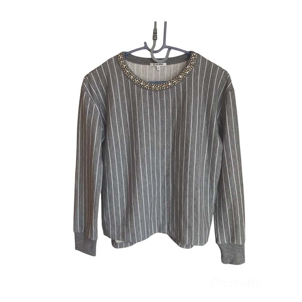 Gray Pinstripe Sweater with rhinestone neck detail